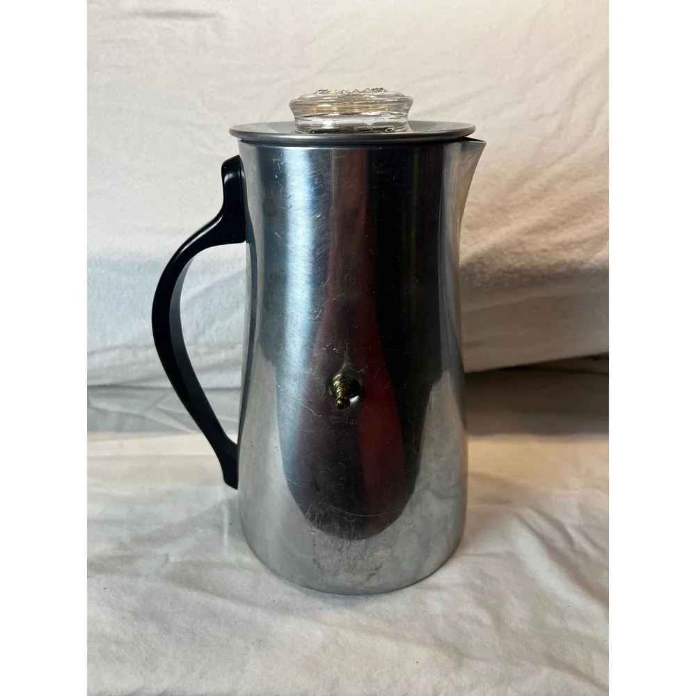 Vintage Stainless Steel Stovetop Coffee Percolator with Glass Knob Lid 9.5‎ Inch
